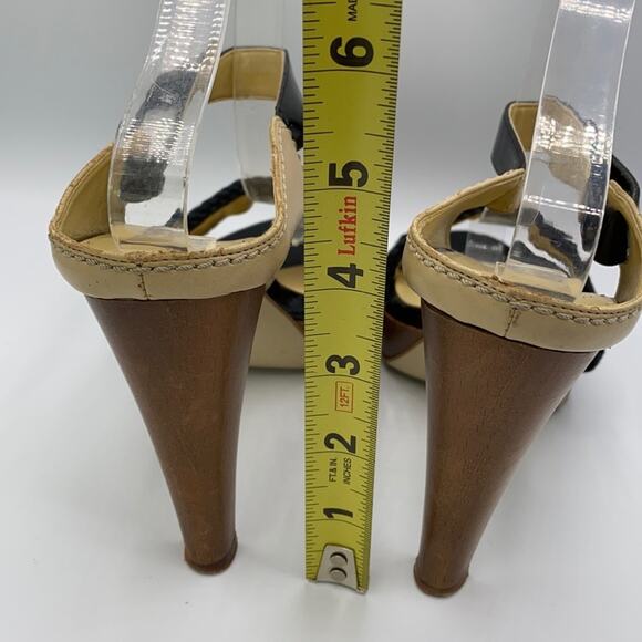 Stella McCartney Black & Tan Woven Platform Sandals 36 Wooden Heel Ankle Straps - Picture 6 of 12